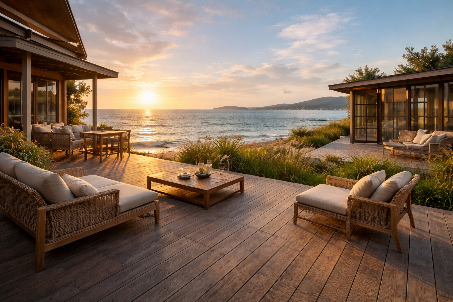 Luxury coastal holiday home deck with woven outdoor furniture at sunset